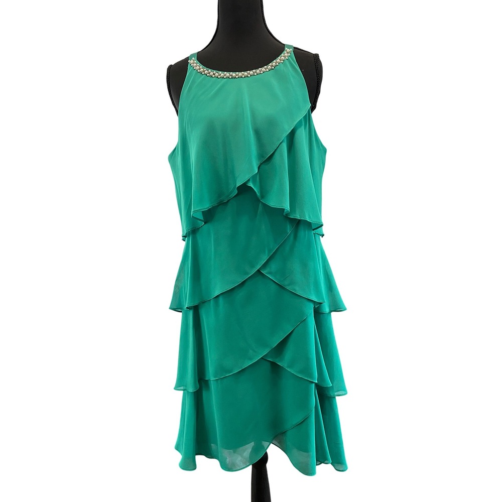 S.L. Fashions Tiered Ruffle Dress Women 14 Green Pearl Halter Neckline Knee Leng